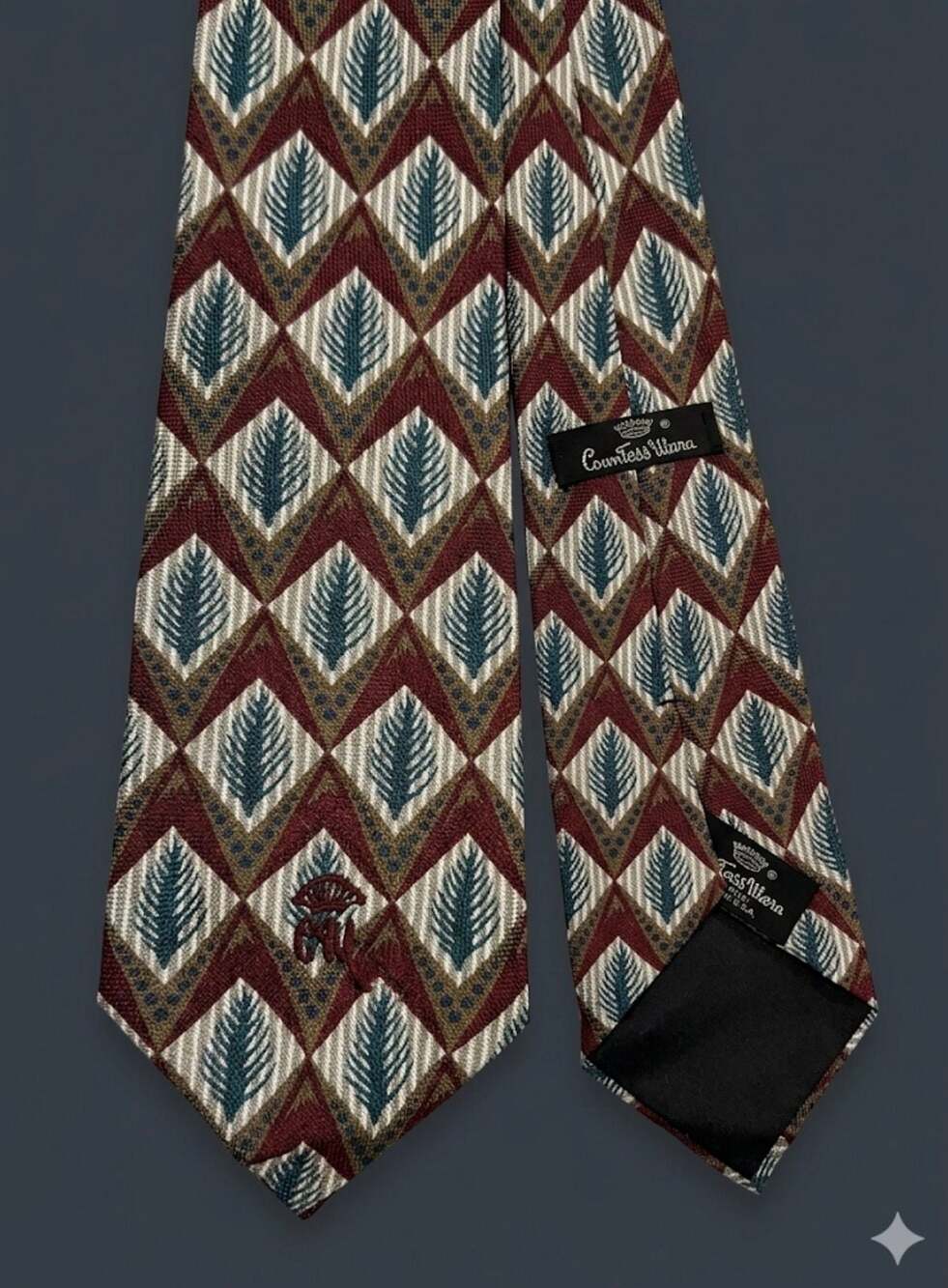 Countess Mara Vintage Silk Tie with Geometric Chevron and Pine Needle Pattern